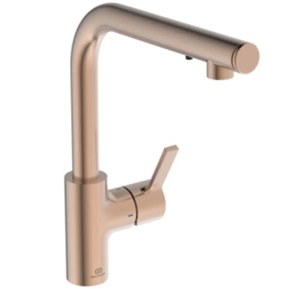 Küchenarmatur in mattem Rosé von Ideal Standard, mit einem langen Auslauf und einem Hebel zur Bedienung. Ideal für moderne Küchenumgebungen.